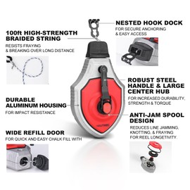 HAUTMEC Pro Chalk Line, 30m/100ft Chalk Reel with 6:1 Gear Ratio Chalk Line Tool, Chalk Box, Suitable for Carpenters and Builders, HT0356