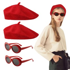 FUIPVGI 4 Pieces Beret Hat and Sunglasses, French Women Costume Accessory Set Classic Plain French Style Beret, Women's Beret, Beret, Women's Hat, French Artist Mime Kit