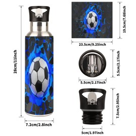 YoCosy Insulated Stainless Steel Water Bottle with Straw 20oz Blue Black 3d Sport Soccer Football Sports Water Bottles BPA Free Leakproof Metal Vacuum Flask Jug for Kids Gym Fitness