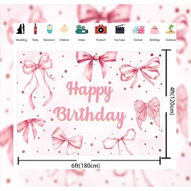 Coquette Happy Birthday Backdrop Banner Pink Bow Birthday Party Photography Background Cute Girls Women Bachelorette Party Baby Shower Decoration Background (6X4FT (180x120cm))