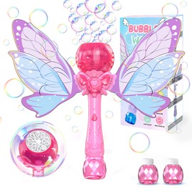 Babuloo Butterfly Bubble Wand for Kids Girls, Automatic Bubble Machine with Lights/10000+ Bubbles/2 Bubble Solution, Handheld 10 Holes Bubble Wand Machine Toy for Outdoor Party Wedding Gift-Pink