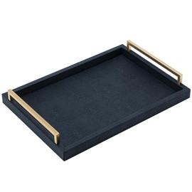 XIGEXIGE Black Faux Leather Serving Tray, 17x12 inches, Brushed Gold Handles, Decorative Tray for Ottoman Coffee Table, Living Room, Kitchen, Bathroom