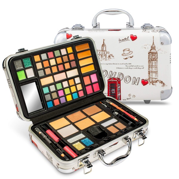 Vokai Makeup Kit Gift Set - London Travel Case 41 Eye Shadows 4 Blushes 5 Bronzers 7 Body Glitters 1 Lip Liner Pencil 1 Eye Liner Pencil 2 Lip Gloss Wands 1 Lipstick 5 Concealers 1 Brow Wax 1 Mirror