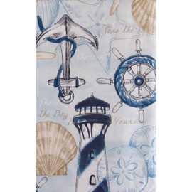 Summer Fun Seas The Day Nautical Collection Vinyl Flannel Back Tablecloth (52" x 52" Square)