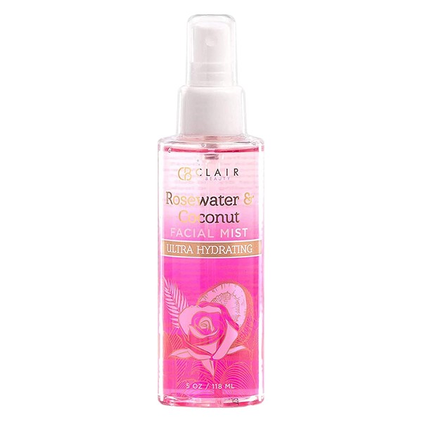 CLAIR BEAUTY Rosewater & Coconut Ultra Hydrating Facial Mist Spray - W/Hyaluronic Acid, Collagen & Aloe | Combats Tired, Dull Skin & Dehydrated | Energizing & Refreshing - 118mL