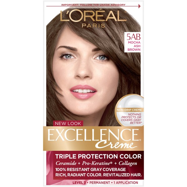 L'Oreal Paris Excellence Creme Permanent Hair Color, 5AB Mocha Ashe Brown, 100 percent Gray Coverage Hair Dye, Pack of 1