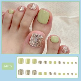 24Pcs Matcha Green Press on Toenails for Women Toe Nail Press ons Short Square Fake Toenails with Gold Glitter Designs Fake Toe nails Summer Manicure Glossy Toenail Press on nails