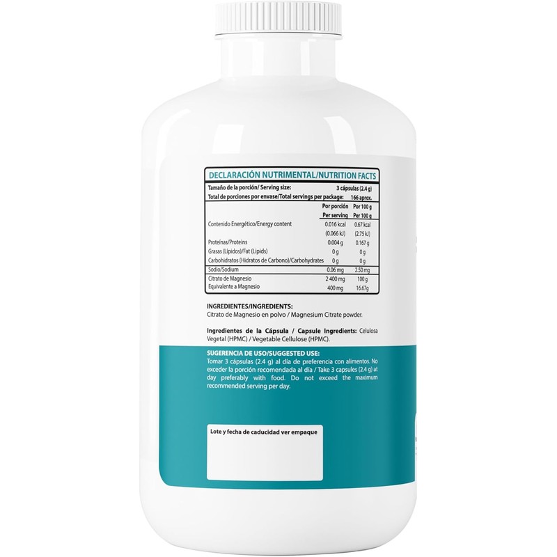 Wellthy Citrato de Magnesio Premium 500 Cápsulas 400mg. 100% Natural,