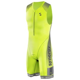 Synergy Triathlon Tri Suit - Men's Elite Sleeveless Trisuit (Neon Lime/Steel, Small)