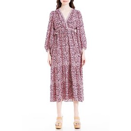 Max Studio Women's Long Sleeve Tiered Maxi Dress, Cream/Pink Floral Clover Field