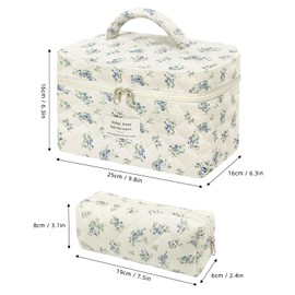 Gemtte Kosmetiktasche Damen Set, 2er Kulturbeutel Groß Frauen mit Hellblaues Blümchen, Make Up Tasche Mädchen, Aesthetic Blumen Beauty Cosmetic Bag für Alltag und Reisen