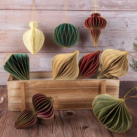 12Pcs Christmas Paper Honeycomb Ornaments for Tree, 3D Glitter Edge Paper Honeycomb Lanterns Foldable Neutral Hanging Decorations for Xmas Tree New Year Holiday Party Home Decor, Red Green Beige