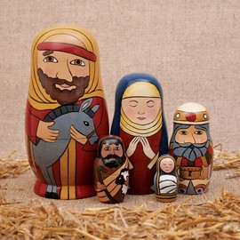 Bits and Pieces - 5pc Nesting Doll Holy Family -The Nativity Family Hand Painted Hand Made Wooden Nesting Dolls Matryoshka Nativity Figurines - Set of 5 Dolls from 5.5" Tall