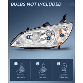 Nilight Headlight Assembly Compatible with 2004 2005 Honda Civic Headlamps Replacement Chrome Housing Amber Reflector Upgraded Clear Lens Driver and Passenger Side