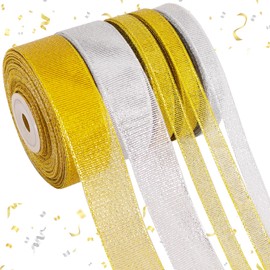 TONIFUL 5 Rolls Christmas Glitter Ribbon Set - Gold & Silver 3/8" & 1" Width x 25 Yards Ribbon for Crafts, Wreath, Tree, Gift Wrapping, Bows, Bouquet, Christmas, Valentine, Thanksgiving, Decoration