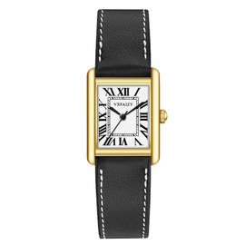 VXFAIZY Rectangular Watch for Women with Vintage Roman Number and Leather Strap (Gold Black)