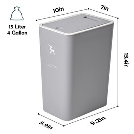 XPIY Trash Can with Lid, 2 Pack 4 Gallons/15 Liters Garbage Can with Press Top, Small Trash Can Dog Proof, Plastic Trash Bin, Waste Basket for Bathroom|Kitchen|Bedroom|Office|Living Room|Study (Grey)