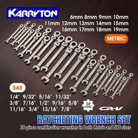 KARRYTON 26-Piece Flex head Ratcheting Wrench Set (Metric & SAE), 72 Teeth Combination Wrench Set w/Organizer Rack,Cr-V Steel,6-19mm(13PCS)&1/4-7/8"(13PCS),Black Nickel Handle with Golden Ratchet