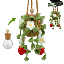 Crochet Car Air Freshener, 15ml Empty Refillable Oil Diffuser Bottle with Hanging Crochet Cute Plant for Car Rearview Mirror Decor Air Freshener Diffuser for Home and Office Decor(Two Strawberry)