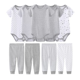 MAMIMAKA Baby Bodysuit Short Sleeve One-Piece Newborn Baby Clothes for Baby Boy and Girls, One-Piece+baby Pants-4, 3-6 Months