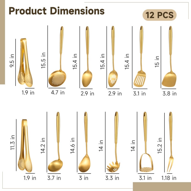 12 Pcs Gold Cooking Kitchen Utensil Set - 304 Stainless
