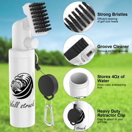 Pro Golf Club Cleaner - 4oz Water Bottle with Groove Cleaner and Retainer Clip, Durable Nylon Bristles for Easy Cleaning, Ergonomic Button Design, Golf Gifts for Men & Essential Accessories (White)