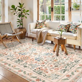 LEEVAN Floral 5x7 Area Rugs for Living Room, Soft Low Pile Bedroom Rug Non Slip, Washable Nursery Rugs, Boho Vintage Dining Room Mat Ultra Thin Floor Carpet for Office(Beige)