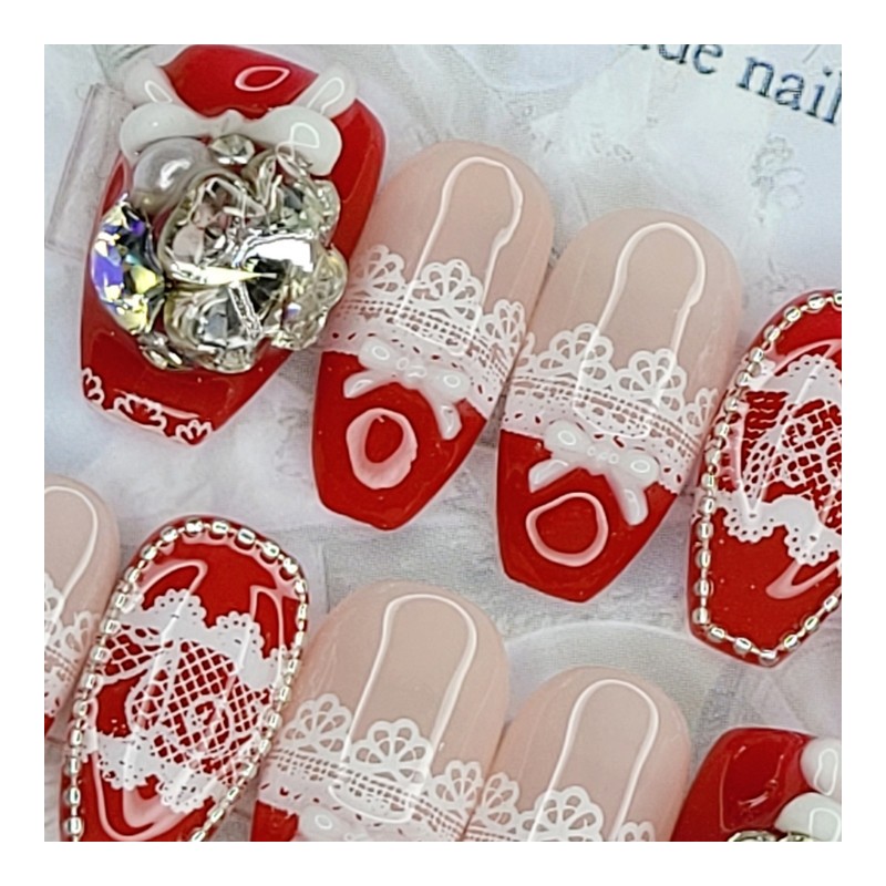 Red Romance Handmade Nail Tips - Oval L / 레드