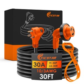 Ficstar 30 Amp RV Extension Cord,30 ft,Heavy Duty Generator Extension Cord with LED Power Indicator,30 AMP Female 90° Twist Lock Adapter with Reverse Polarity Lamp,NEMA TT-30P to L5-30R,120V/125V