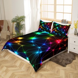 Rainbow Neon Lights Duvet Cover Queen Size,Colorful Glowing Crossed Stripes (Not Glowing) Comforter Cover with 2 Pillowcases for Teens Adults,Geometric Modern Breathable 3 Pcs Decorative Bed Cover