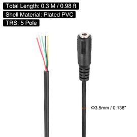 MECCANIXITY 3.5mm Aux Cable Replacement Audio Cable Cord, 1ft 5 Pole Female to Bare Wire Audio Cable, Stereo Sound Audio Cable Cord for Earphones, Smart Phones, Speakers,Black 2 Pcs