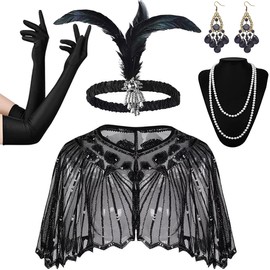 SAISISAIKER 1920s Gatsby Costume Set, 5-Piece Flapper Accessories with Black Sequin Shawl, Pearl Necklace, Headband, Gloves, Earrings