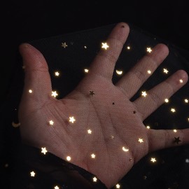 SHAYUAN 54" x 8 Yards Glitter Tulle Fabric Rolls Golden Stars and Moon Tulle Rolls for DIY Tutu Women Dress Table Runner Skirt Crafts Sheer Wedding Backdrop Stage Decoration-Black