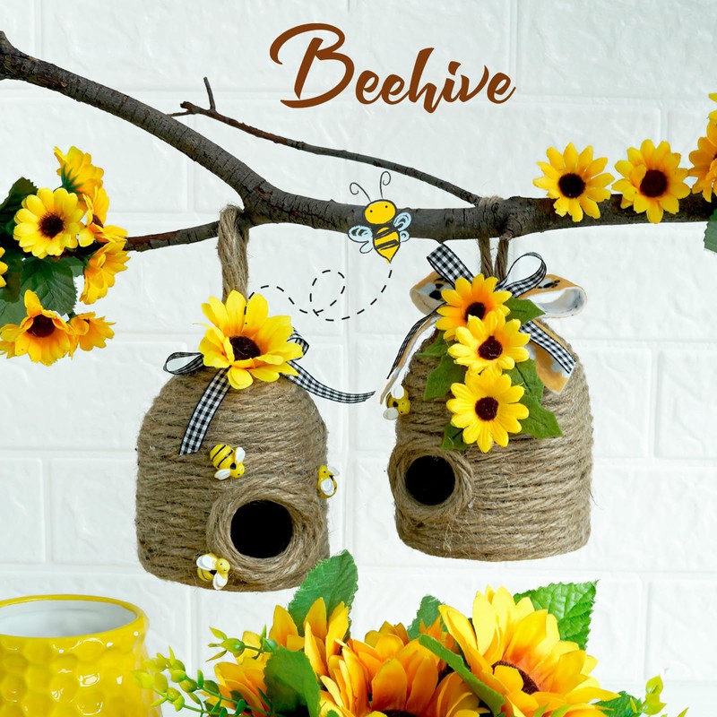Bigger Bee Hive Decor,2 Pack Bumble Bee Rustic Decor Hive,Natural