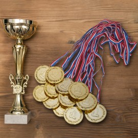 Relaxdays Children's Gold Medal, Set of 12, Diameter 7 cm, Plastic, with Ribbon, Medal Set Children's Birthday, Award, Gold