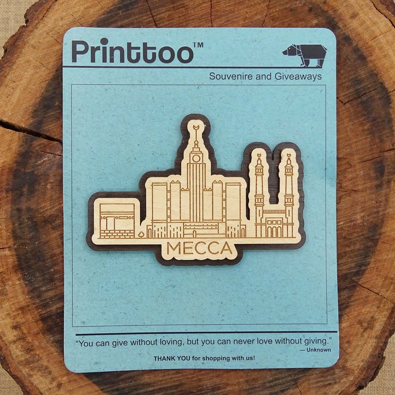 Printtoo Engraved Wooden Decorative Mecca Saudi Arabia Monuments Souvenir Fridge
