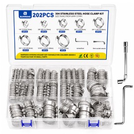 202PCS Stainless Steel Hose Clamp Assortment Kit,8 Sizes from 1/4" to 2" (6-51mm) Adjustable Worm Gear Clamps for Fuel Line,Radiator,Water Pipe,Automotive,Plumbing,with Socket Wrench & Screwdriver