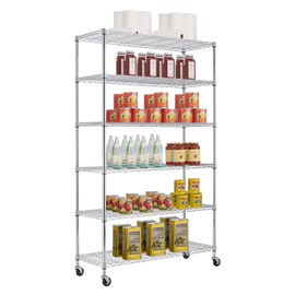 48" D×18" W×82" H Wire Shelving Unit Metal Shelf with 6 Tier Casters Adjustable Layer Rack Strong Steel for Commercial Restaurant Garage Pantry Kitchen Garage，Chrome
