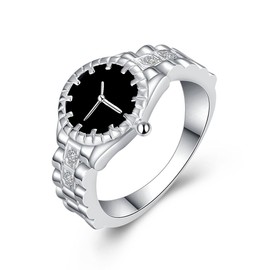 Uloveido Watch-shape Rings for Women Black Ring Female Silver Color Fashion Jewellery with Cubic Zirconia HR311-6