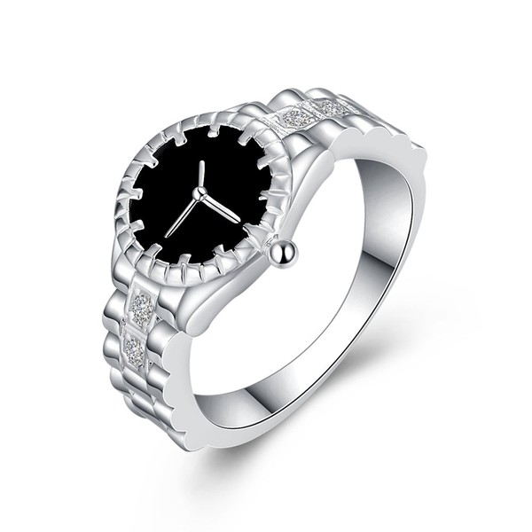 Uloveido Watch-shape Rings for Women Black Ring Female Silver Color