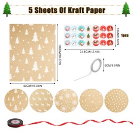 5 Styles Kraft Christmas Wrapping Paper Bulk, 100X44cm Wrapping Paper Christmas, Brown Wrapping Paper with 1 Roll Tape, Stickers, Twine, Xmas Wrapping Paper Gift with Antler Snowflakes Trees Stars