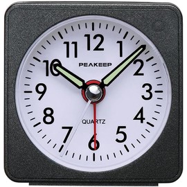 Peakeep Ultra Small, Battery Travel Alarm Clock with Snooze and Light, Silent with No Ticking Analog Quartz (Black)