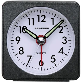 Peakeep Ultra Small, Battery Travel Alarm Clock with Snooze and Light, Silent with No Ticking Analog Quartz (Black)