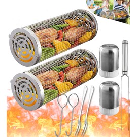 Rolling Grilling Baskets for Outdoor Grill Bbq Net Tube Must Have Large Round Mesh Barbecue Cylinder Cage Gadgets Cooking Accessories Essentials for Picnic Vegetable Fish Meat Veggies, Gift for Men
