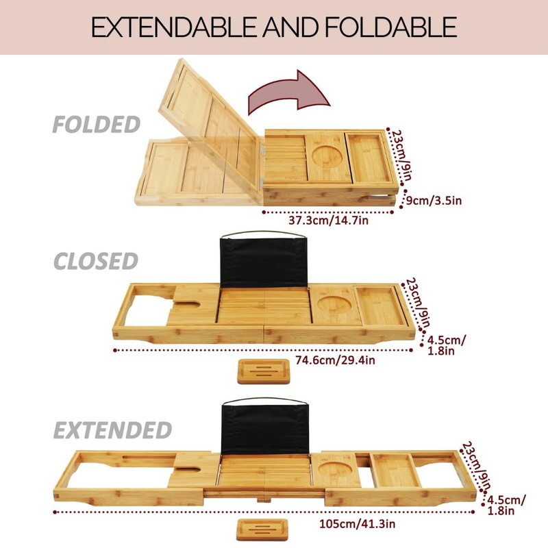 Foldable Bamboo Bathtub Tray Caddy - Expandable Bath Tray for