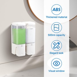 Shower Soap Dispenser No Drill Upgrade Slot Install Shampoo and Conditioner Dispenser Wall Mounted Shampoo Dispenser for Shower Bathroom Large Capacity 500ml x 2 Chamber White