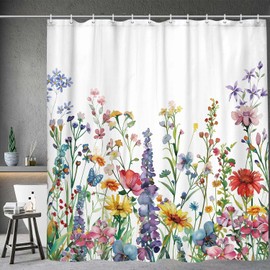 Farmhouse Rustic Boho Floral Shower Curtain, Colorful Watercolor Wildflower Flower Botanical Shower Curtain, Minimalist Aesthetic Floral Shower curtains for bathroom, with Hooks, 70X70IN(White )