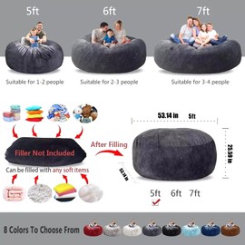 WFJOPR Bean Bag Chair for Adults Kids Oversize Giant Beanbag Chair Cover Without Filler Round Fluffy Comfortable Big Bean Bag Couch Chairs for Bedroom Lounge Large Sofa Sitting Chair,5FT Light Grey
