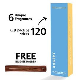 Folkulture Incense Sticks with Holder - Set of 6-120 Non Toxic Incense Sticks Bakery Themed - Vanilla Caramel, Blueberry, Strawberry, Cinnamon Insense Sticks, Organic, Slow Burning Inscents