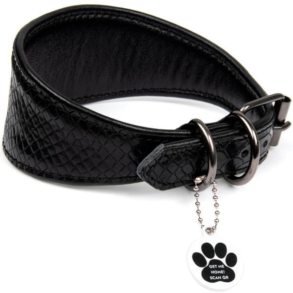 FAVPET Luxury Genuine Leather Greyhound Collar Wide with QR Code